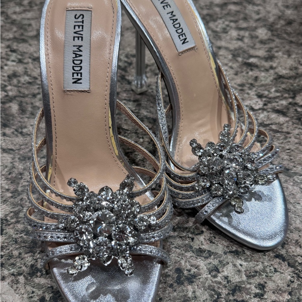 Steve Madden Pamola Silver Crystal-Embellished Strappy Heels